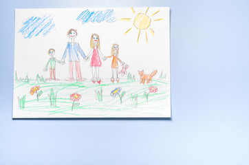 Children's drawing and color pencils top view