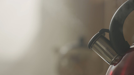 kettle boiling on a gas stove in the kitchen. Focus on a spout. Tea kettle with boiling water on gas stove. metal kettle closeup in kitchen