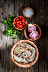 Preparation for tasty and sweet shrimp on wooden bowl
