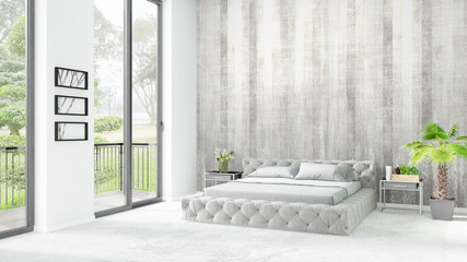 Brand new white loft bedroom minimal style interior design with copyspace wall and view out of window. 3D Rendering.