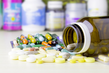 Drug prescription for treatment medication. Pharmaceutical medicament, cure in container for...