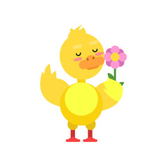 Funny little yellow duckling with pink flower cartoon character vector illustration