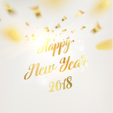 Merry christmas label with text. Golden confetti falls on the background. Happy new year 2018. Holiday card. Vector illustration.