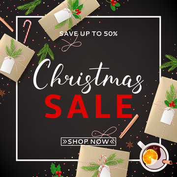Christmas Sale Background with Festive Decoration. Beautiful Greeting Card with Lettering. Top View on Composition with Paper Gift Boxes for Happy New Year. Vector Illustration with Discount Offer.