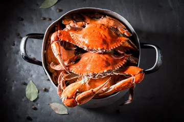 Crédence de cuisine en verre imprimé Crustacés Préparation pour le crabe fait maison dans un vieux pot en métal