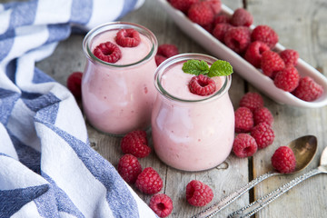 Yogurt smoothie with raspberries, fruit dessert. Berry smoothie. healthy dieting concept