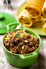 Liver stuffing in ceramic dish