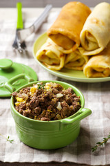 Liver stuffing in ceramic dish
