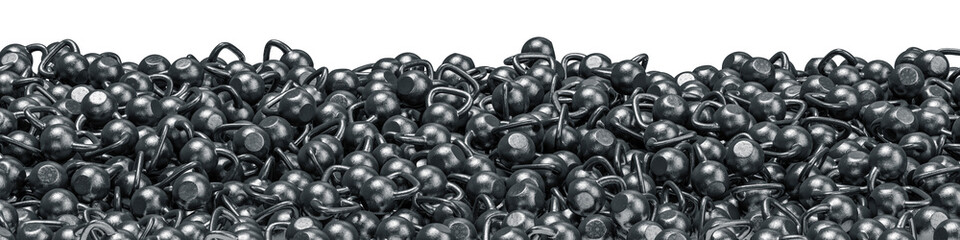 Kettlebell pile panorama / 3D illustration of hundreds of heavy kettlebells