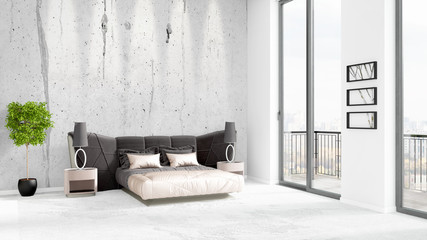 Brand new white loft bedroom minimal style interior design with copyspace wall and view out of window. 3D Rendering.