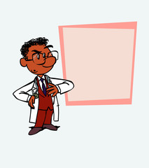 Worried black doctor. Is showing, as in a presentation, the data you want.