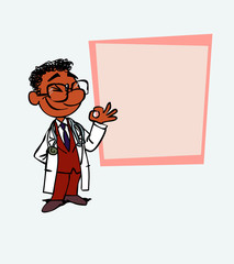 Happy black doctor makes the gesture of ok. Is showing, as in a presentation, the data you want.