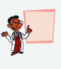 black doctor relaxed, speak content. Is showing, as in a presentation, the data you want.