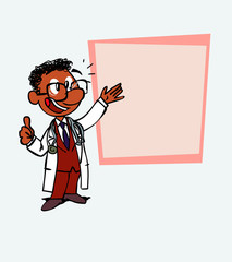 Happy black doctor makes the gesture of ok. Is showing, as in a presentation, the data you want.
