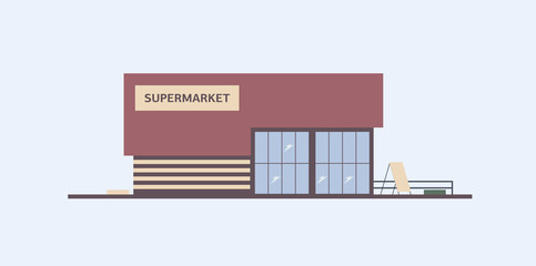 Building of supermarket, grocery store or food market with large windows built in modern architectural style. Shopping center, commercial property or real estate. Colorful flat vector illustration.