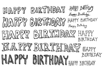 Hand drawn Happy Birthday text isolated. Vector sketch black and white illustration icon doodle eps10