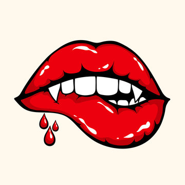 Vampire woman mouth biting red lower lip. Halloween vector illustration