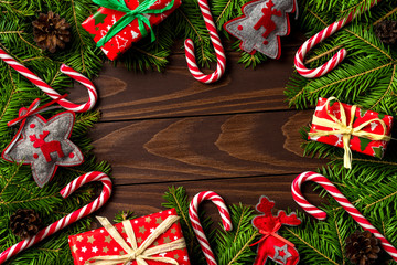 Christmas background with colorful gift boxes and decorations