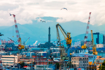 Fototapeta na wymiar Genoa's lantern and industrial port with cranes.