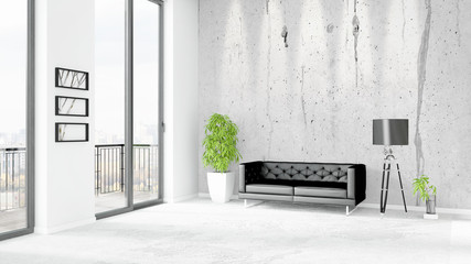 Brand new white loft bedroom minimal style interior design with copyspace wall and view out of window. 3D Rendering.