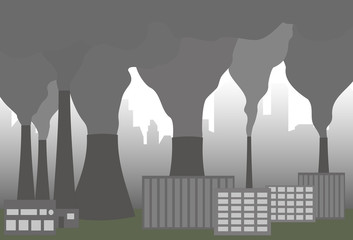 Smoking chimneys of plant. Industrial landscape. Vector illustration of environmental pollution. Clouds of smoke from factory chimney. Horizontal location.