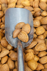 Nuts almonds with a metal dustpan for pouring.