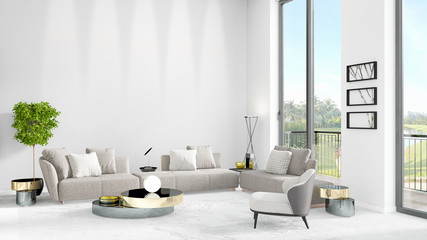 Brand new white loft bedroom minimal style interior design with copyspace wall and view out of window. 3D Rendering.