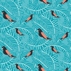 Fototapeta na wymiar Birds on branches with dense leaves blue pattern seamless vector. Nestlings on trees for print on fabric and apparel.