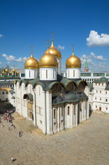Assumption Cathedral on the Cathedral square of the Moscow Kremlin, view from above. Moscow, Russia
