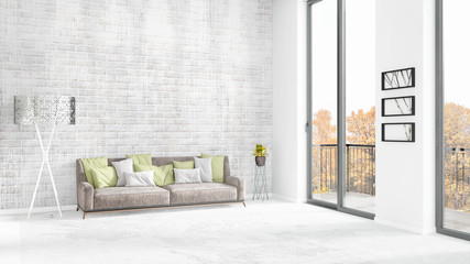 Brand new white loft bedroom minimal style interior design with copyspace wall and view out of window. 3D Rendering.