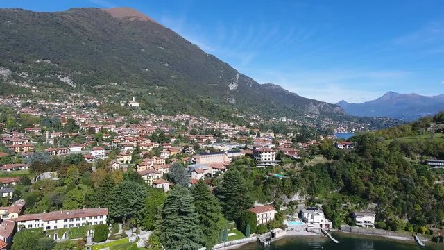 Villages of Lenno and Tremezzina, lake of Como, panoramic view with drone