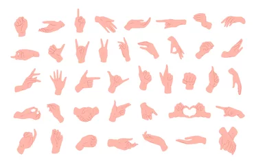 Fotobehang Collection of different hand gestures, signs shown with palm and fingers isolated on white background. Non-verbal or manual communication, emotional expressions, body language. Vector illustration. © Good Studio