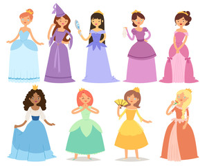 Cartoon girl princess characters different fairy-tale clothes dress cute adorble girls vector illustration. © partyvector