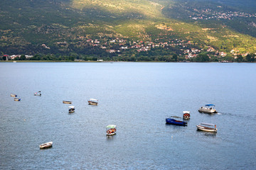 Fototapeta na wymiar boats on Ohrid lake Macedonia landscape