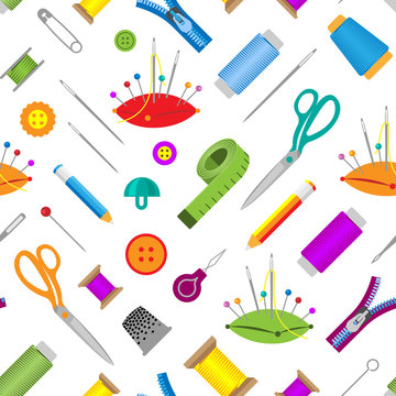 Hobby accessories sewing tools equipment needlework hobby vector illustration seamless pattern background