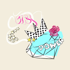 Girl power Slogan with diamond, crown and embroidered rose. Vector pop art collage for fashion apparels, t shirt, greeting card, wrapping and printed tee design.