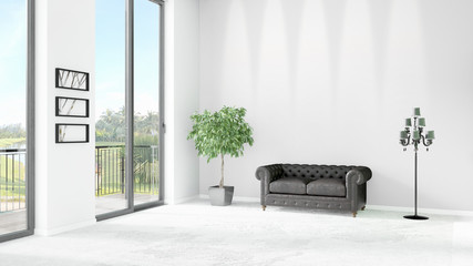 Brand new white loft bedroom minimal style interior design with copyspace wall and view out of window. 3D Rendering.