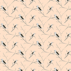 Birds on branches light pink cute pattern seamless vector. Simple pastel colored nestlings on trees for print on fabric.