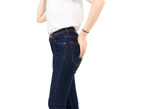 Denim blue jeans cotton pants skinny fashions Closeup, Slim fit of legs standing longer body female, lady, woman, girl raw side view on isolated white background