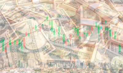 The conceptual multi exposure image of investment, financial and real estate market with dollar, gold coin, stock chart and building as represented symbols. The background image for investment market