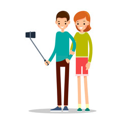 Boy and girl with mobile phone. Man and woman do selfie