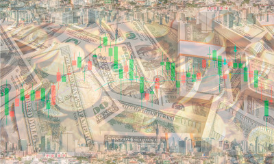 The conceptual multi exposure image of investment, financial and real estate market with dollar, gold coin, stock chart and building as represented symbols. The background image for investment market