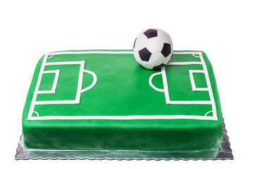 Cake for football player, soccer field and ball.