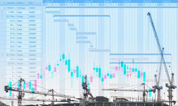 The conceptual multi exposure image of construction project with gantt chart and stock price movement graph in the concept of construction project management concerning timeline and financial status.