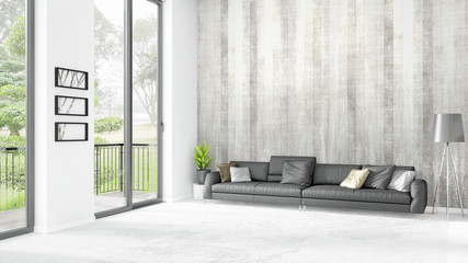 Brand new white loft bedroom minimal style interior design with copyspace wall and view out of window. 3D Rendering.