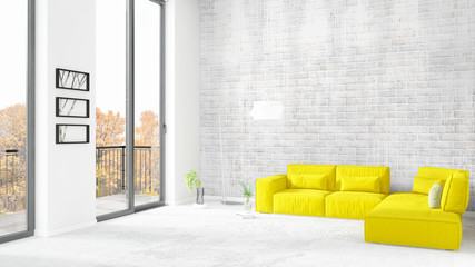 Brand new white loft bedroom minimal style interior design with copyspace wall and view out of window. 3D Rendering.