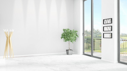 Brand new white loft bedroom minimal style interior design with copyspace wall and view out of window. 3D Rendering.