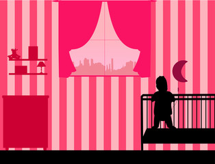 The baby girl is standing in the crib in the children's room, one in the series of similar images silhouette
