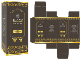 Packaging design, gold luxury box design template and mockup box. Illustration vector