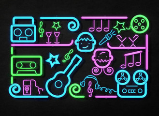 Music party neon sign. Bright signboard, neon light 3D illustration.